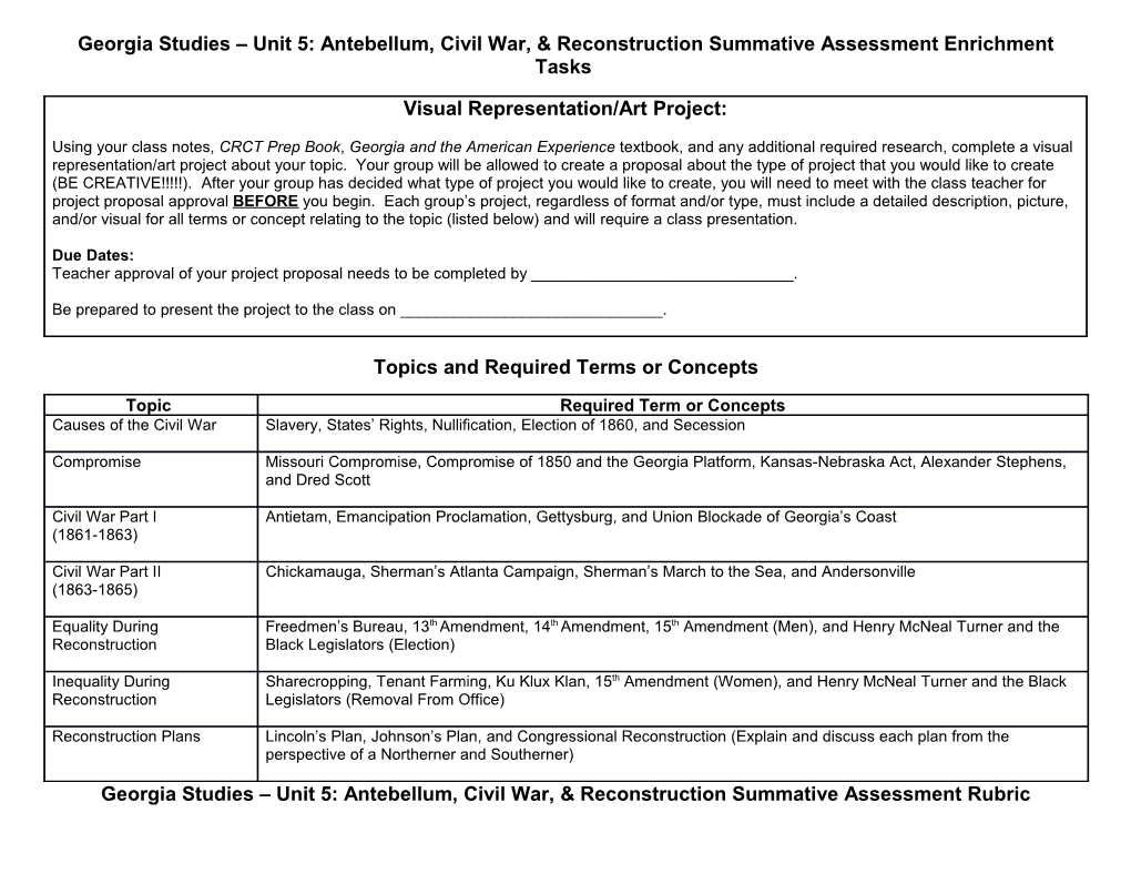 Georgia Studies Unit 5: Antebellum, Civil War, & Reconstruction Summative Assessment Enrichment