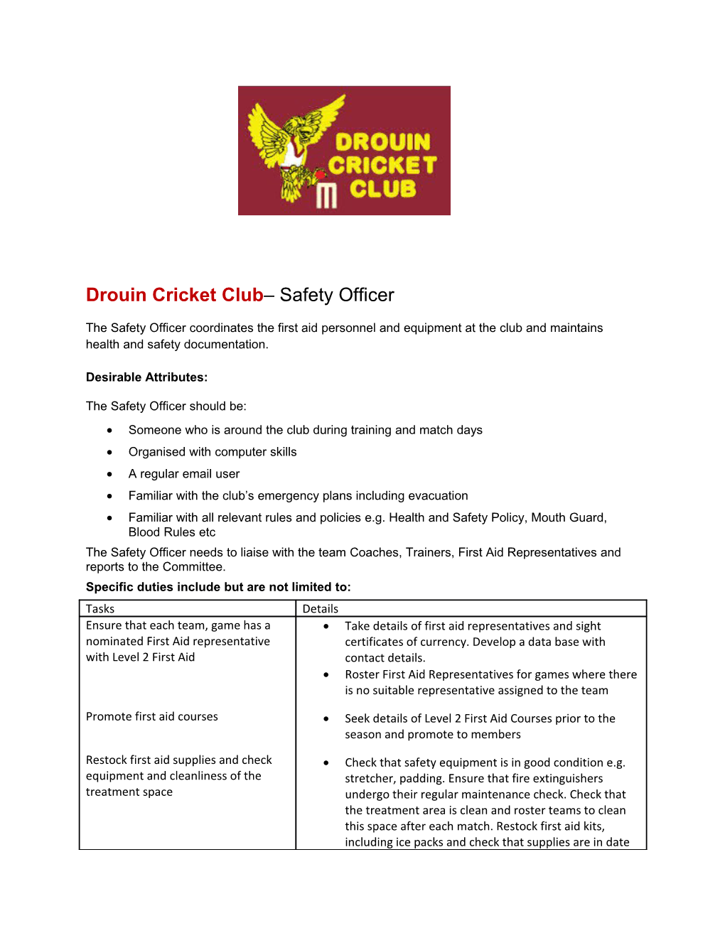 Drouin Cricket Club Safety Officer