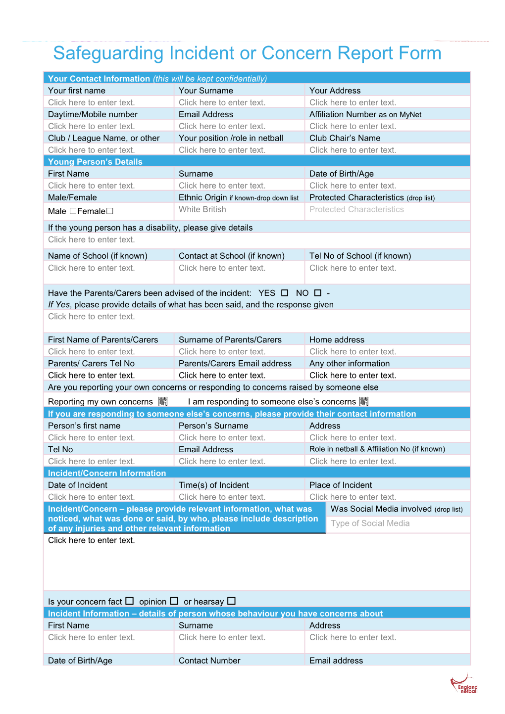 Safeguarding Incident Or Concern Report Form