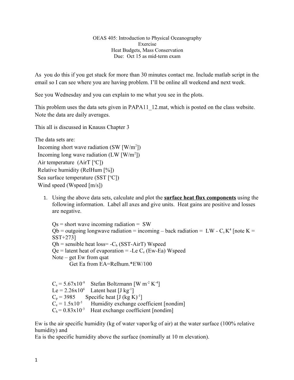 OEAS 405: Introduction to Physical Oceanography