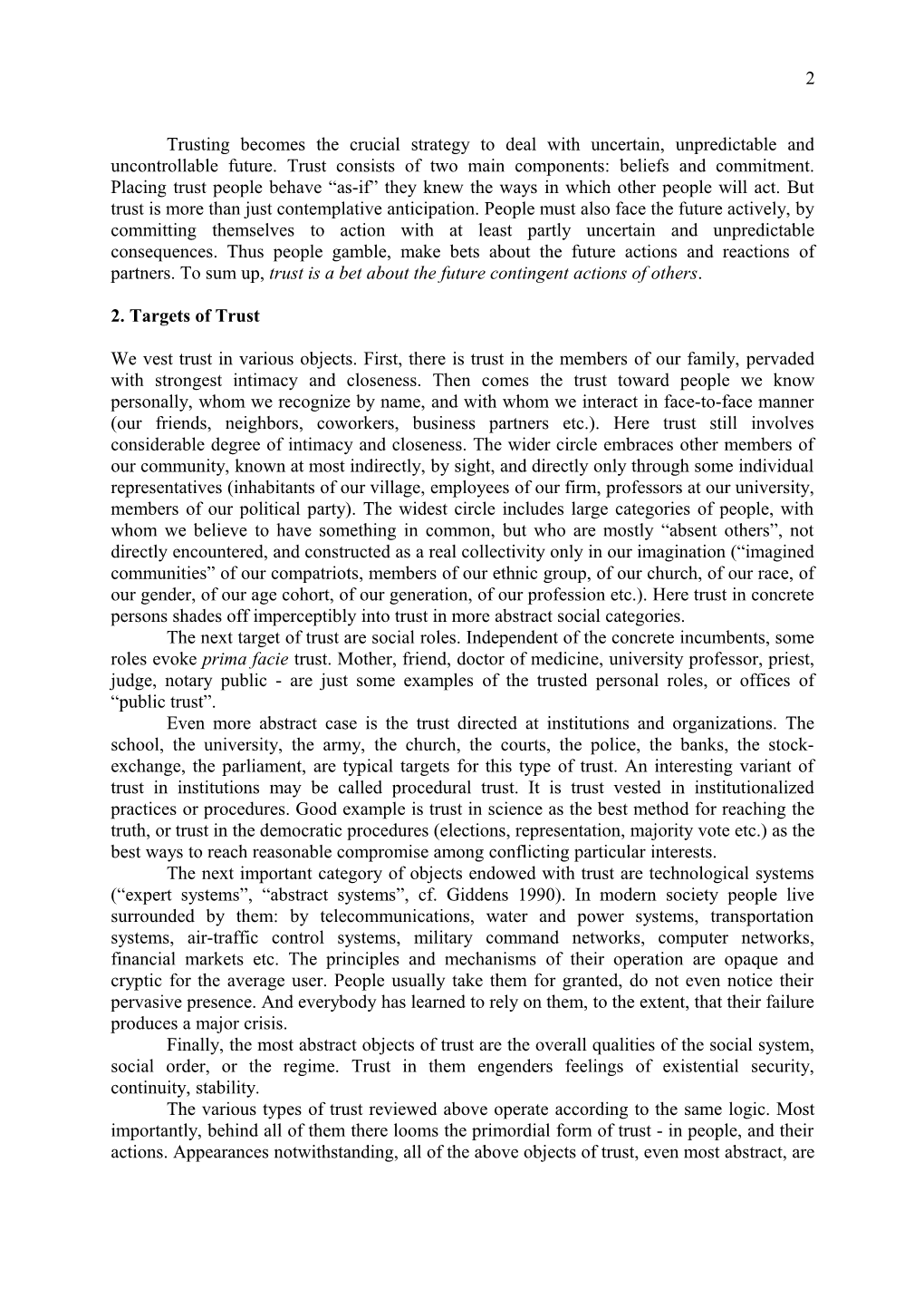 Background Paper for the Project Honesty and Trust