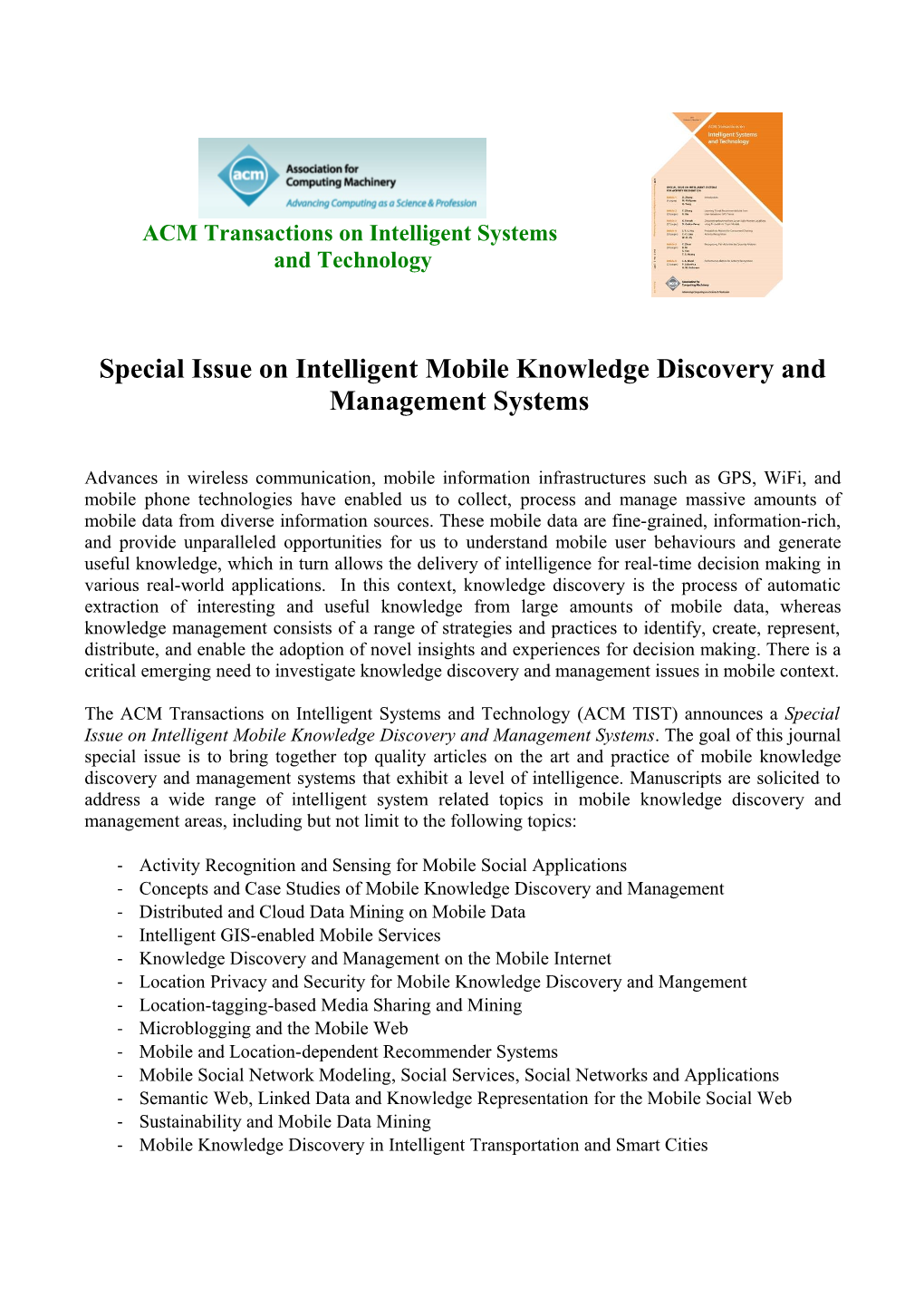 Special Issue on Intelligent Mobile Knowledge Discovery and Management Systems