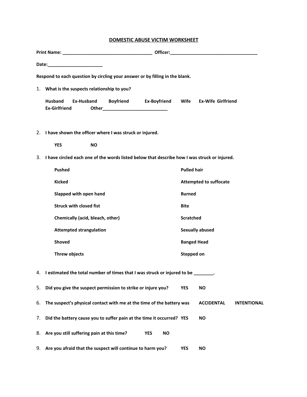 Domestic Abuse Victim Worksheet