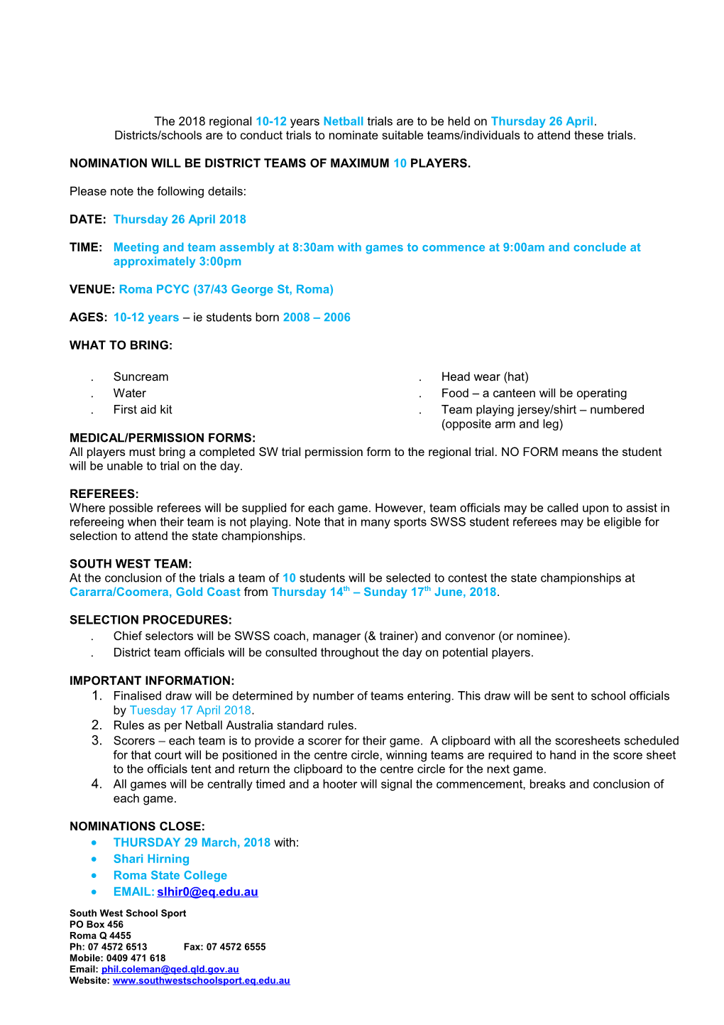 2018 SWSS 10-12Yrs Netball Bulletin