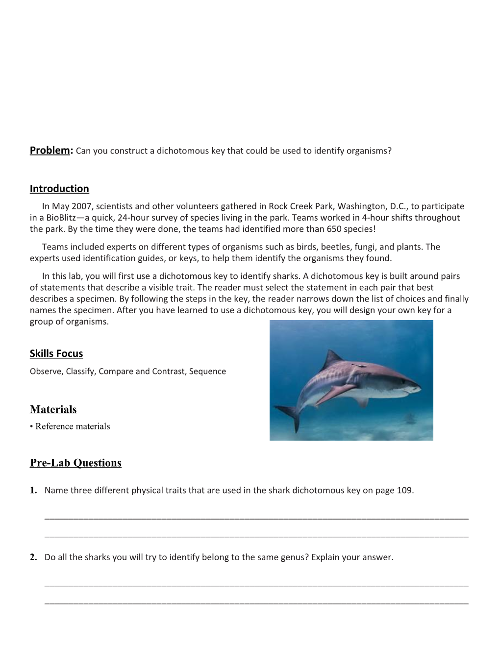 Problem: Can You Construct a Dichotomous Key That Could Be Used to Identify Organisms?