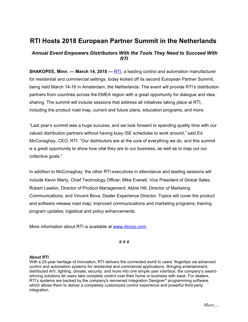 RTI Hosts 2018 European Partner Summit in the Netherlands