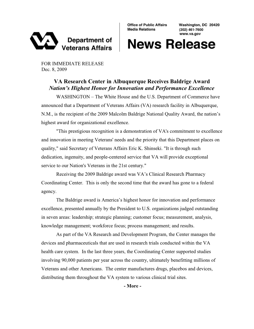 VA Researchcenterin Albuquerque Receives Baldrige Award