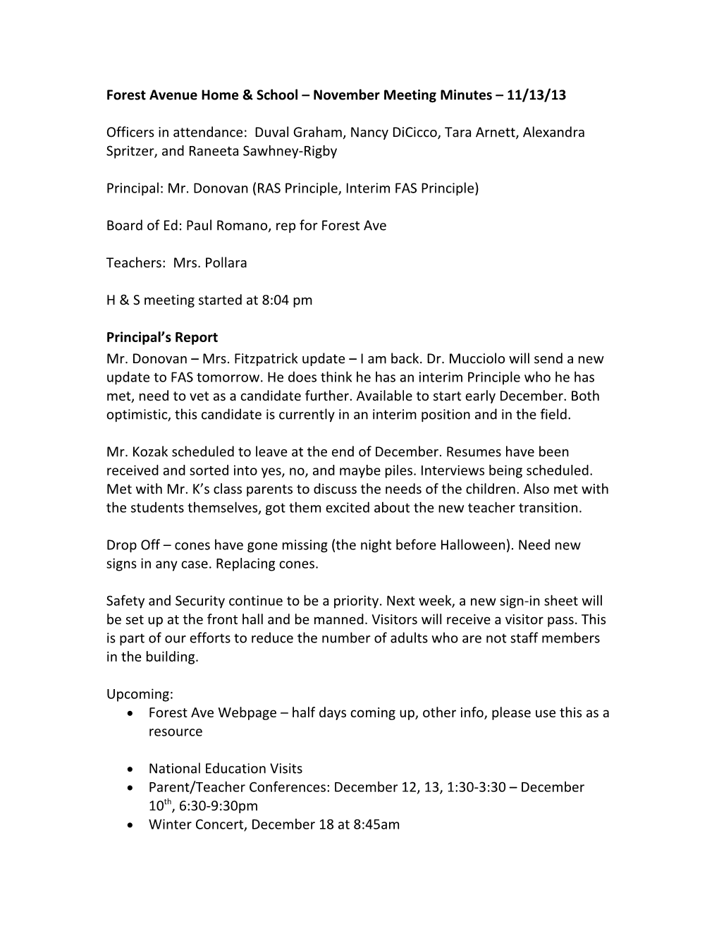 Forest Avenue Home & School November Meeting Minutes 11/13/13