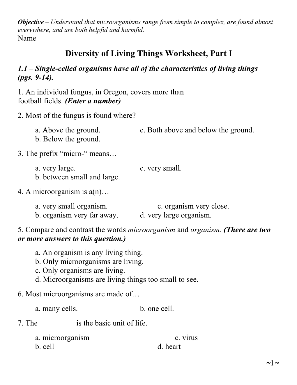 Diversity of Living Thingsworksheet, Part I