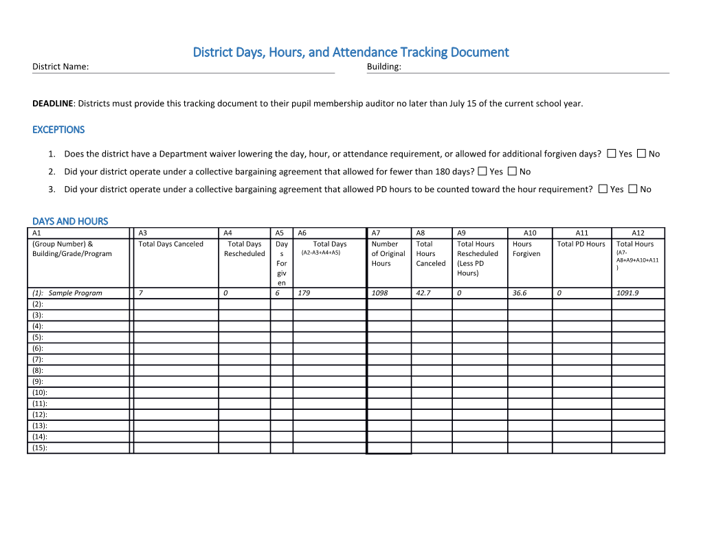 District Days, Hours, and Attendance Tracking Document