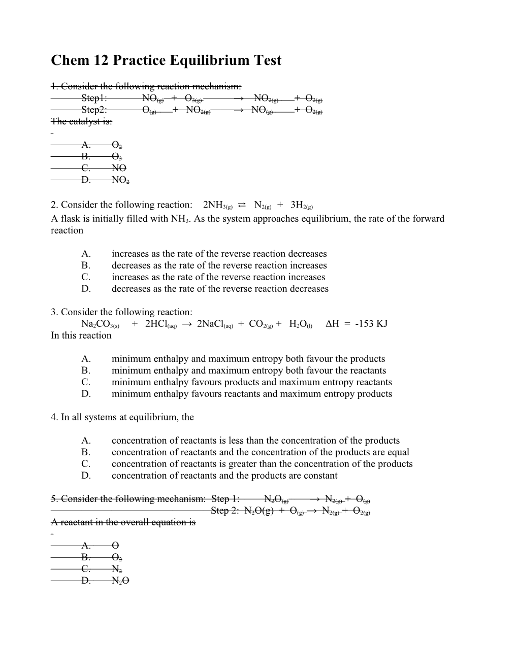 Chem 12 Practice Equilibrium Test
