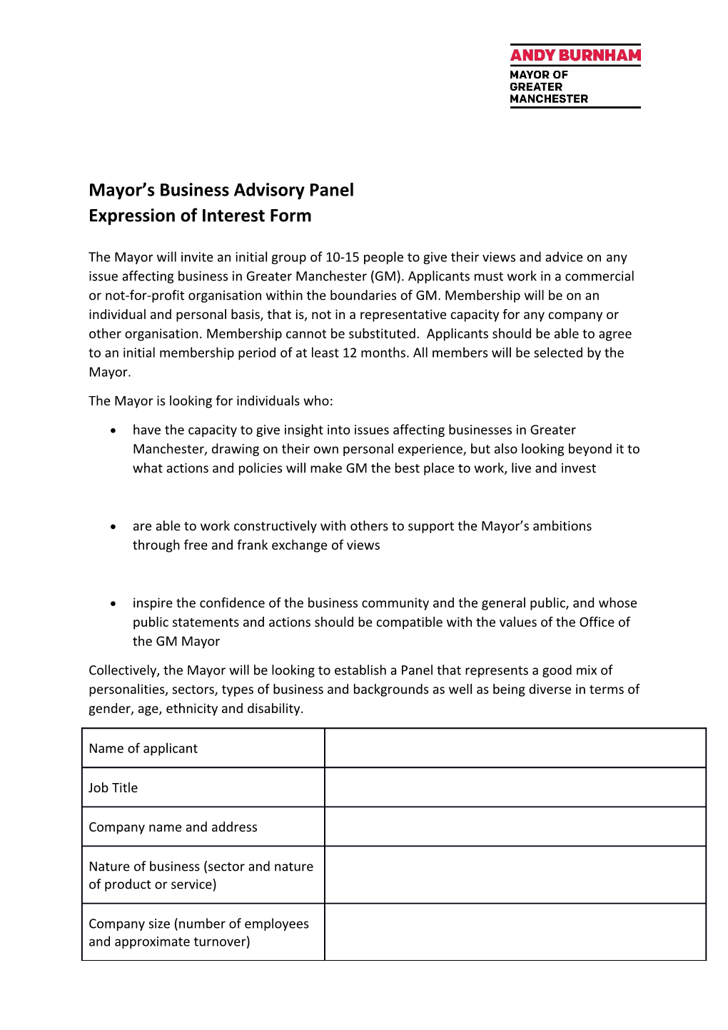 Mayor S Business Advisory Panel Expression of Interest Form