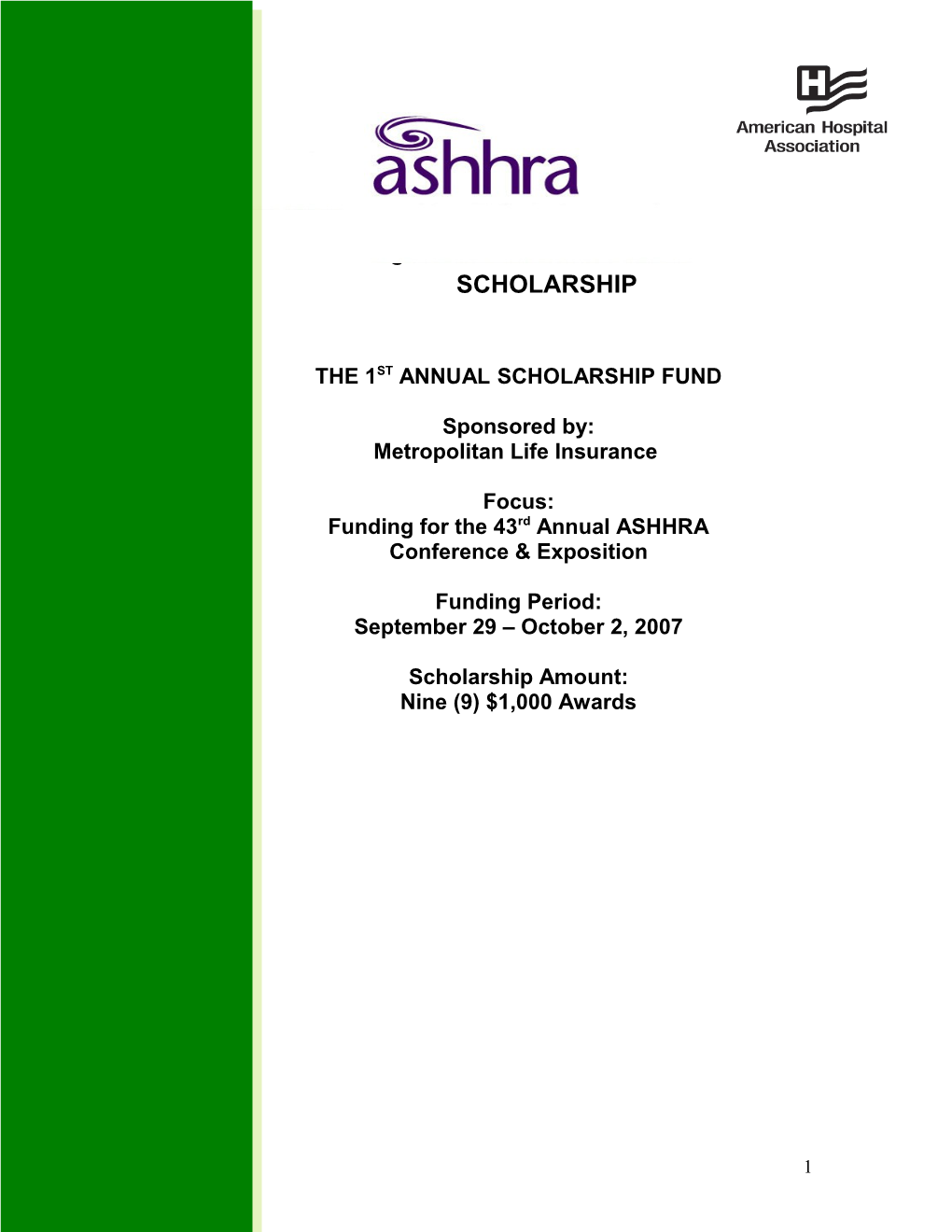 ASHHRA 1St Annual Conference Scholarship Fund