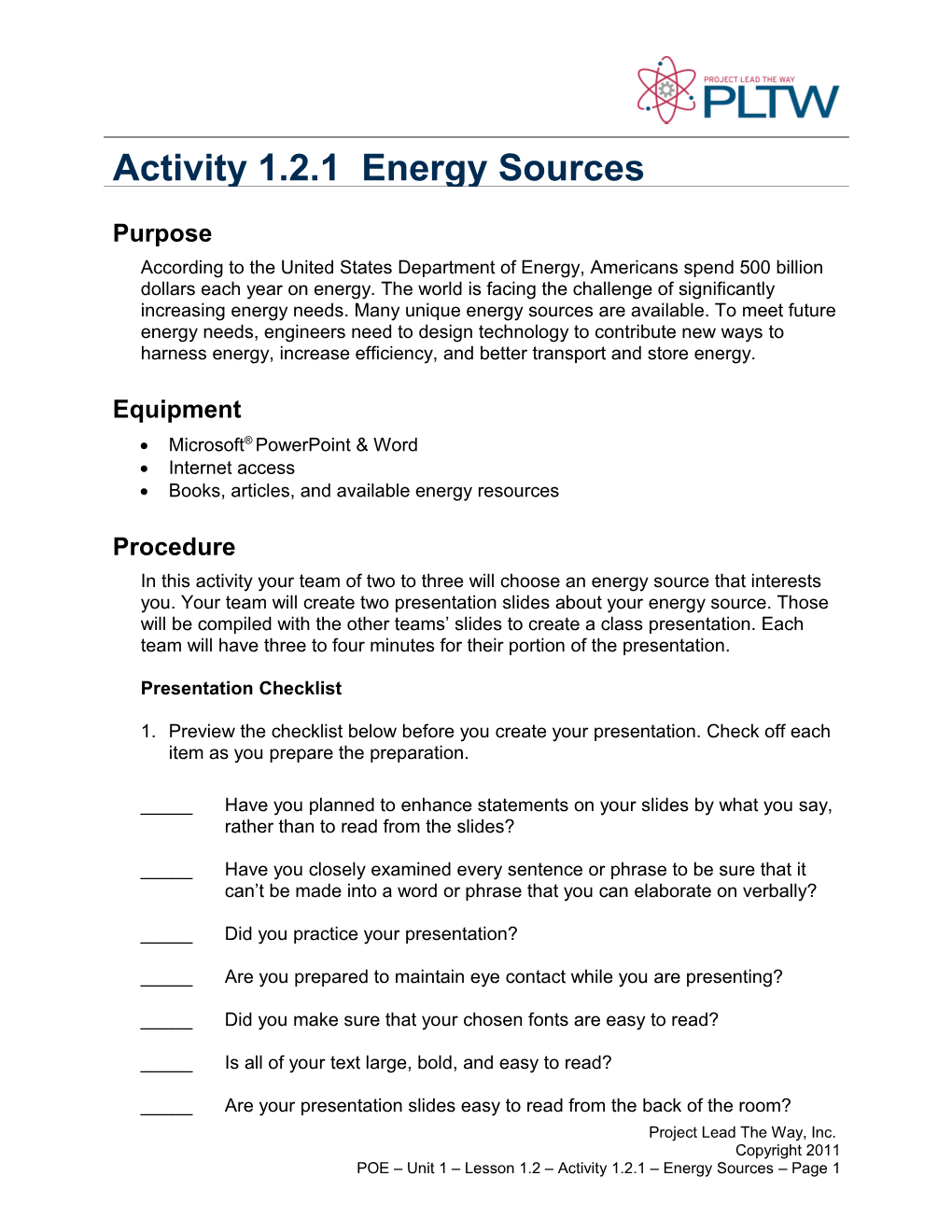 Activity 1.2.1 Energy Sources