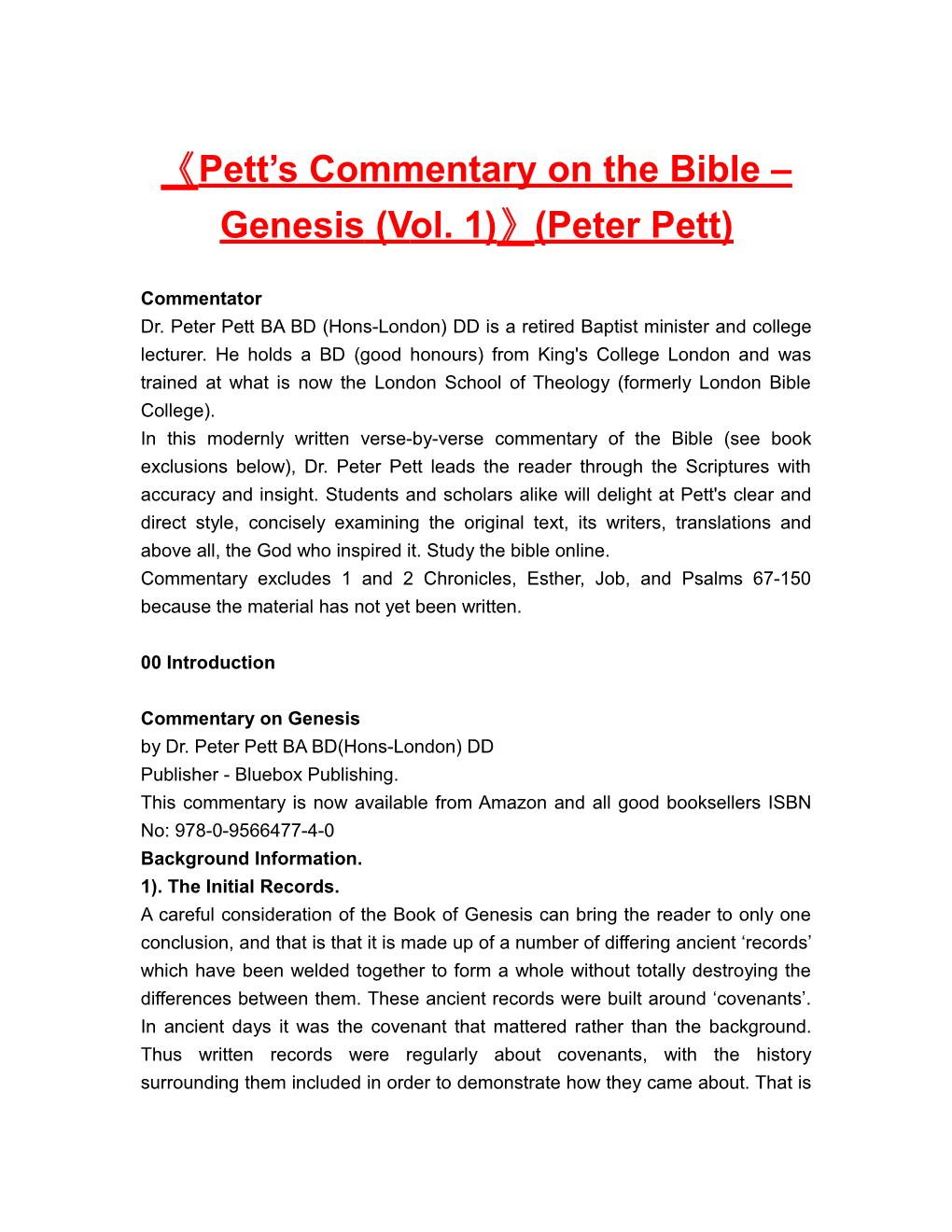 Pett S Commentary on the Bible Genesis (Vol. 1) (Peterpett)