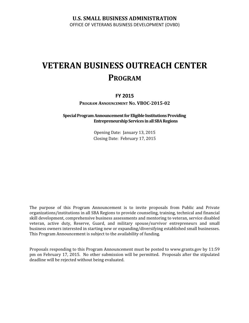 Veteran Business Outreach Center Program
