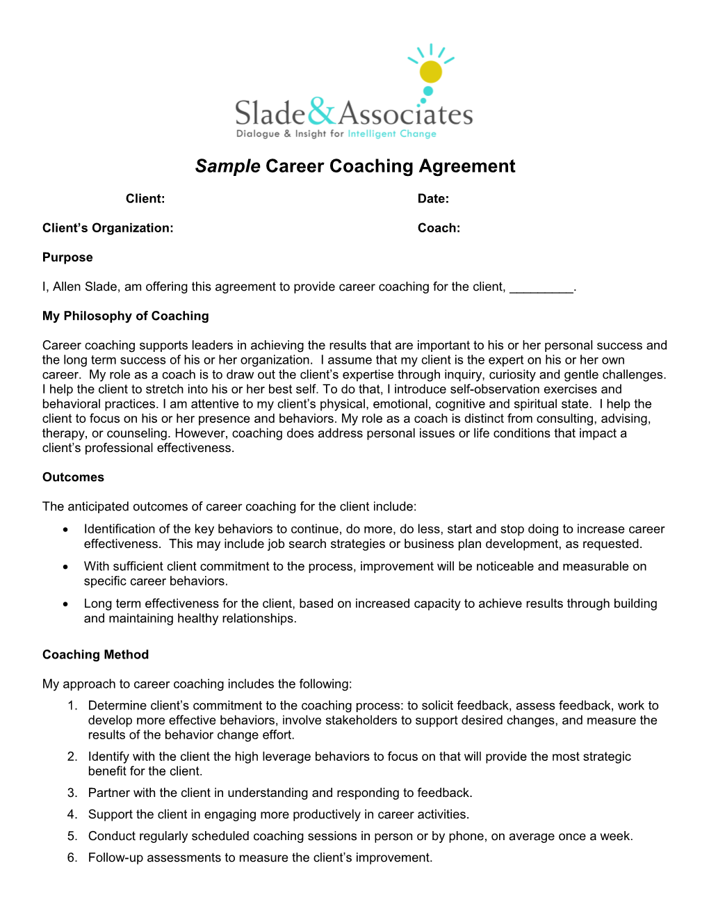 Sample LEADERSHIP COACHING AGREEMENT