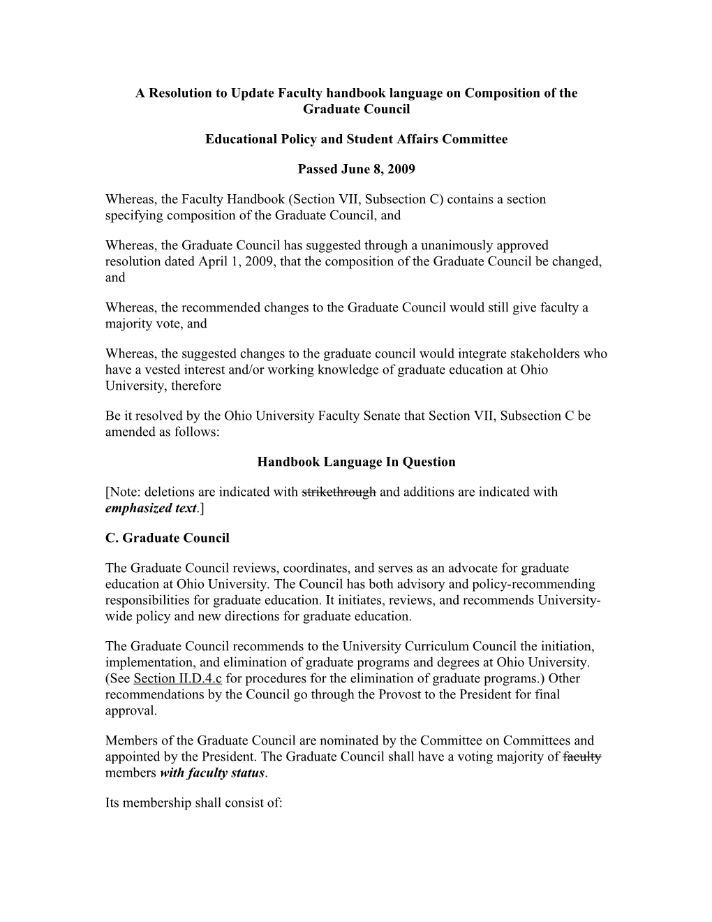 A Resolution to Update Faculty Handbook Language on Composition of the Graduate Council