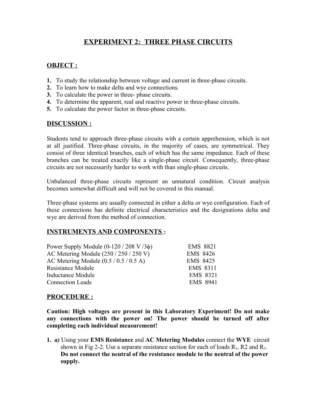 Experiment 2: Three Phase Circuits