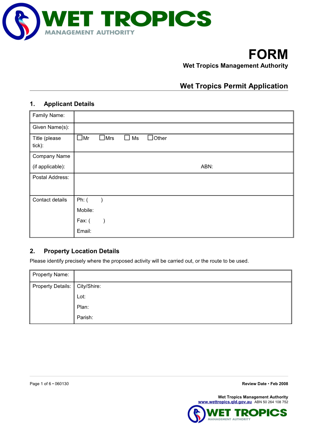 Wet Tropics Permit Application