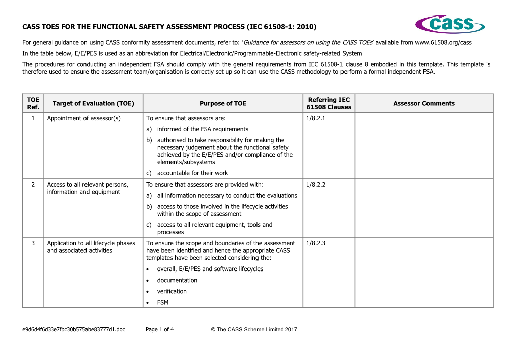 Cass Toes for the Functional Safety Assessment Process (Iec 61508-1: 2010)