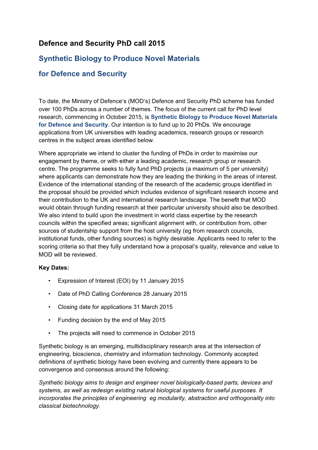 Defence and Security Phd Call 2015