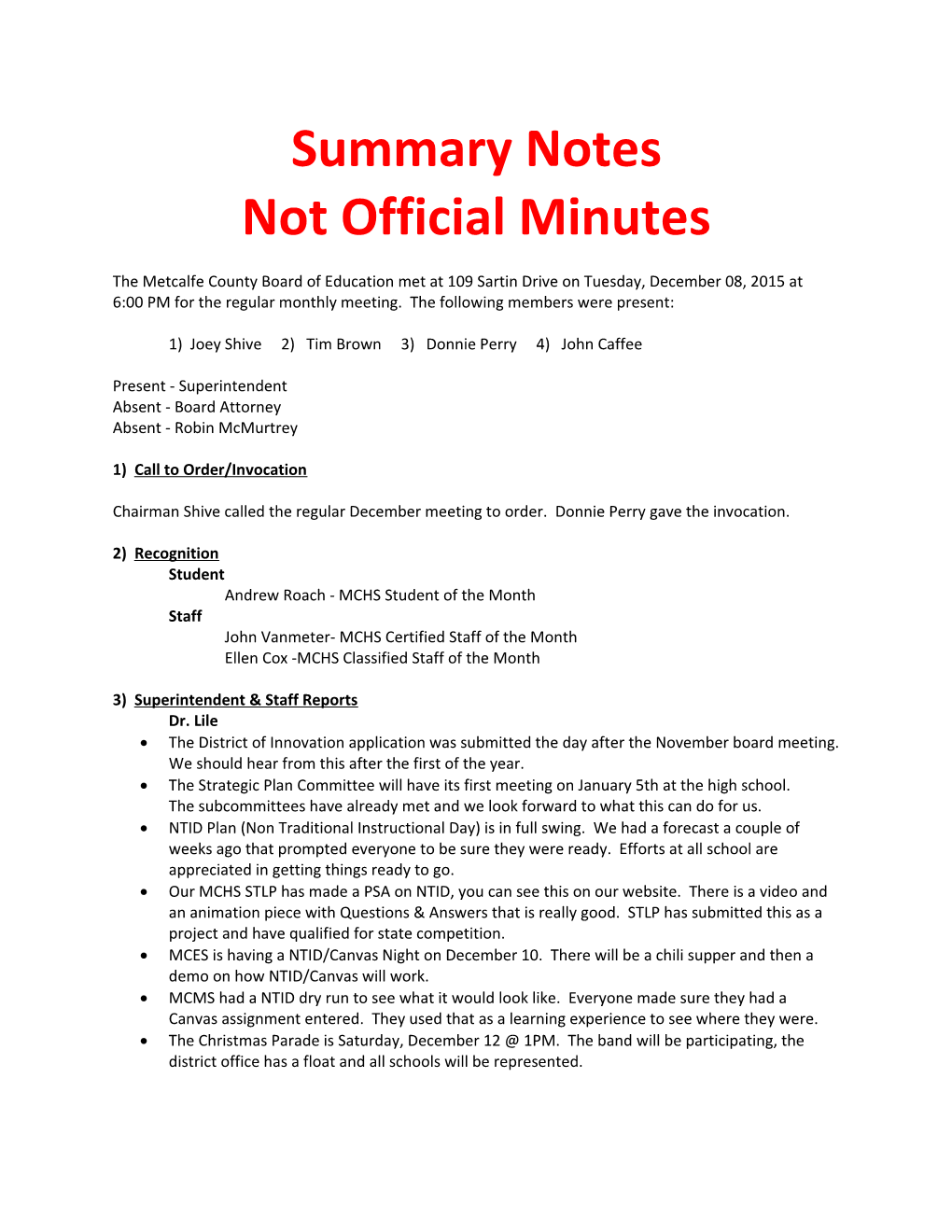 Not Official Minutes
