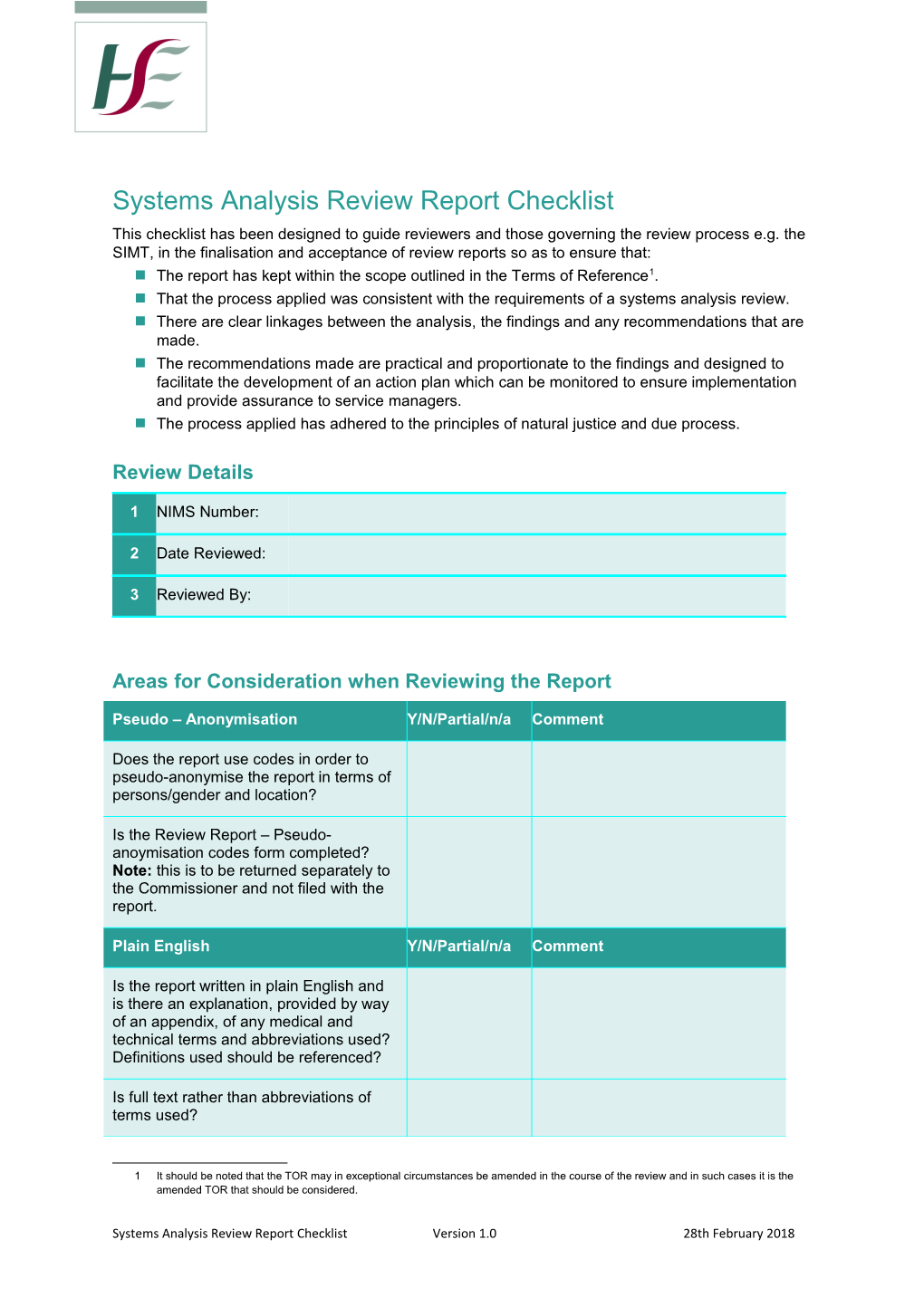 Systems Analysis Review Report Checklist