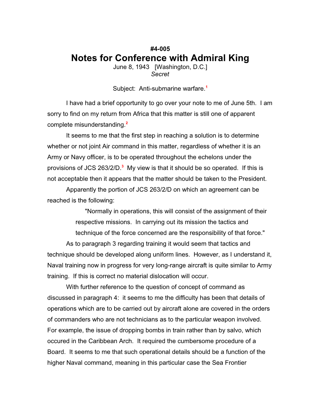 Notes for Conference with Admiral King
