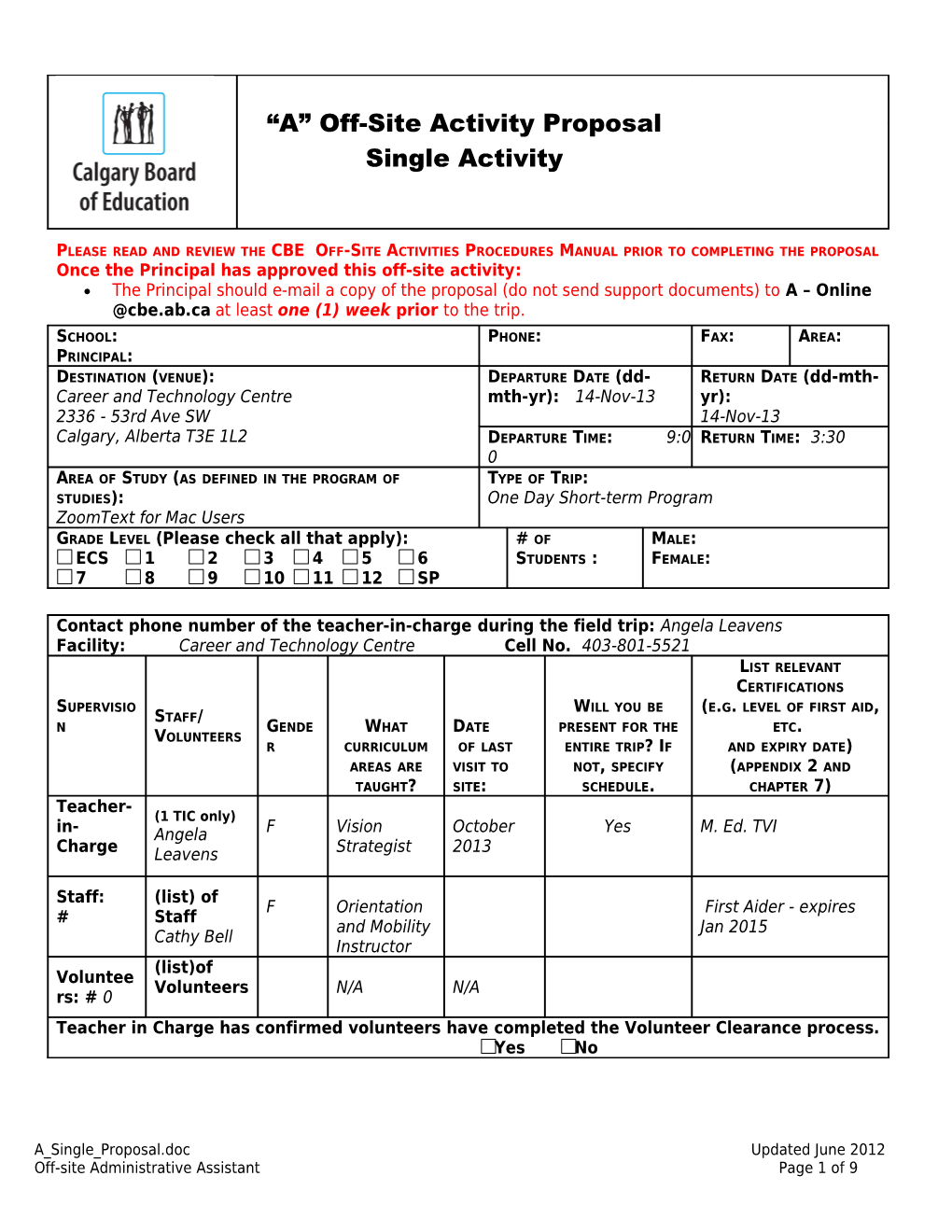 A Off-Site Activity Proposal Single Activity