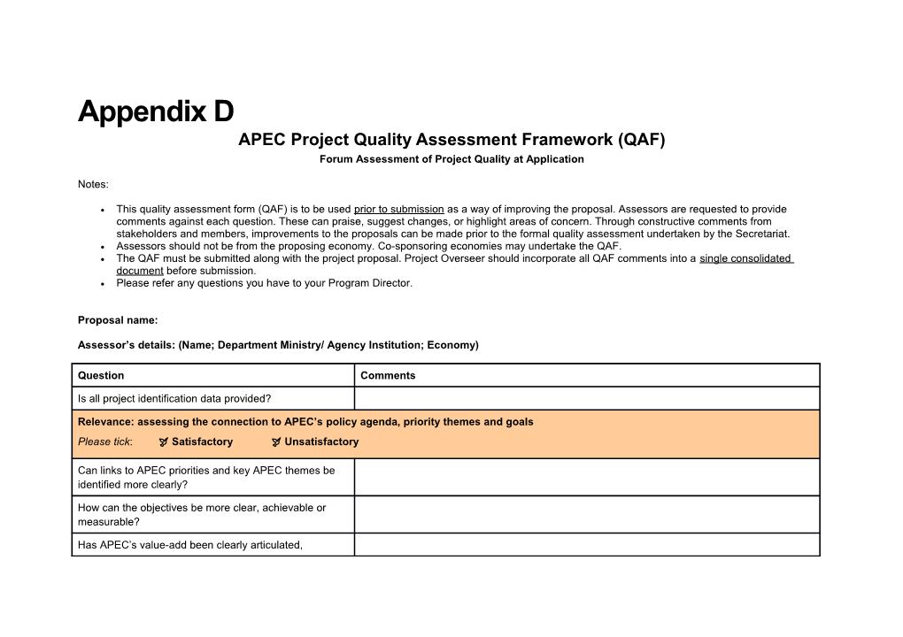 APEC Project Quality Assessment Framework (QAF) Forum Assessment of Project Quality At