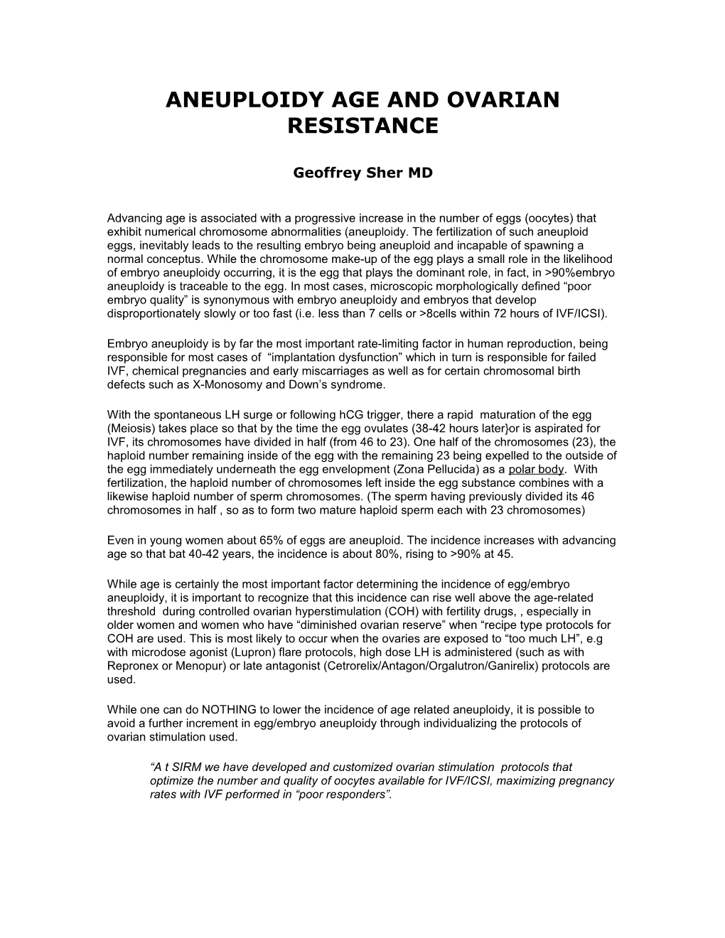 Aneuploidy Age and Ovarian Resistance