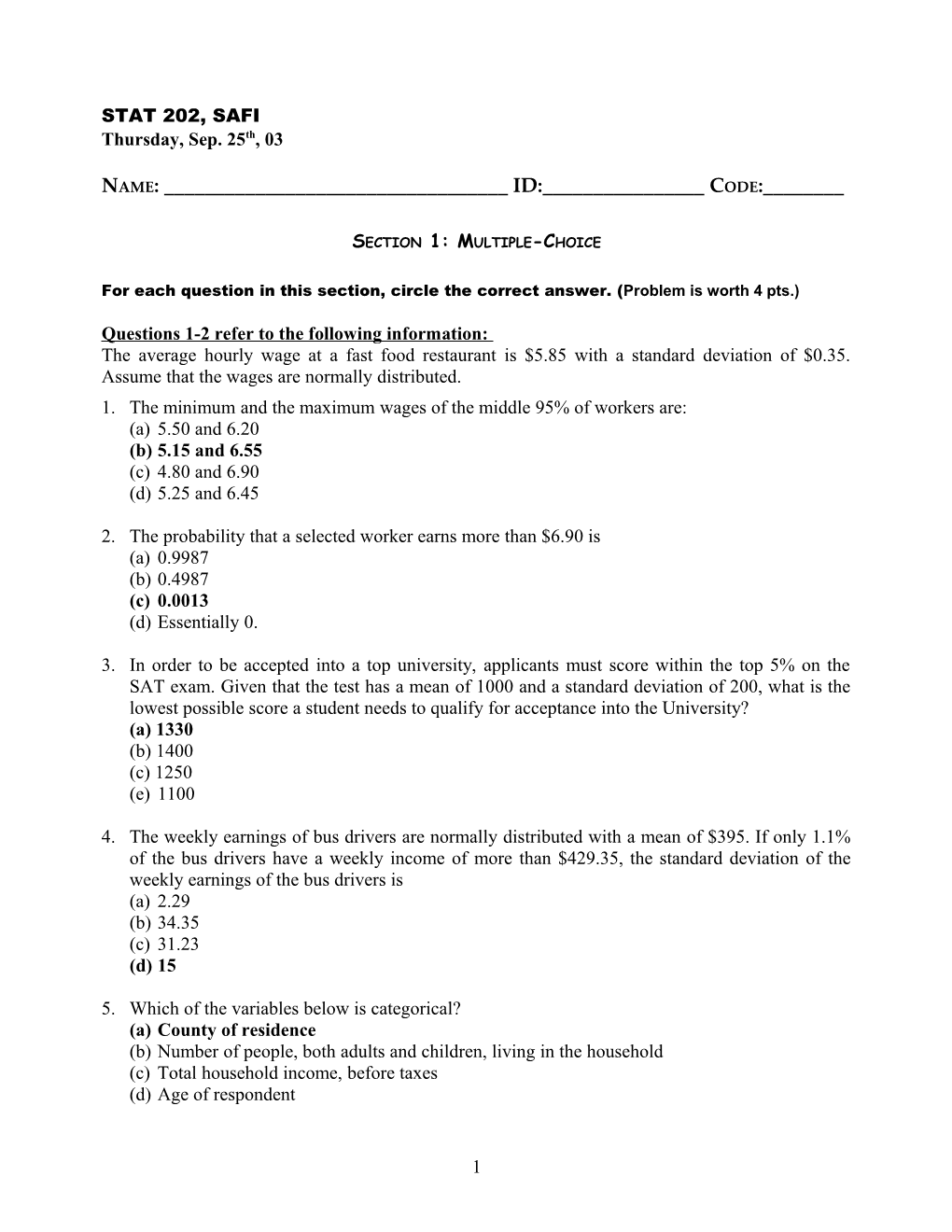 STAT-202, Basic Statistics Exam I
