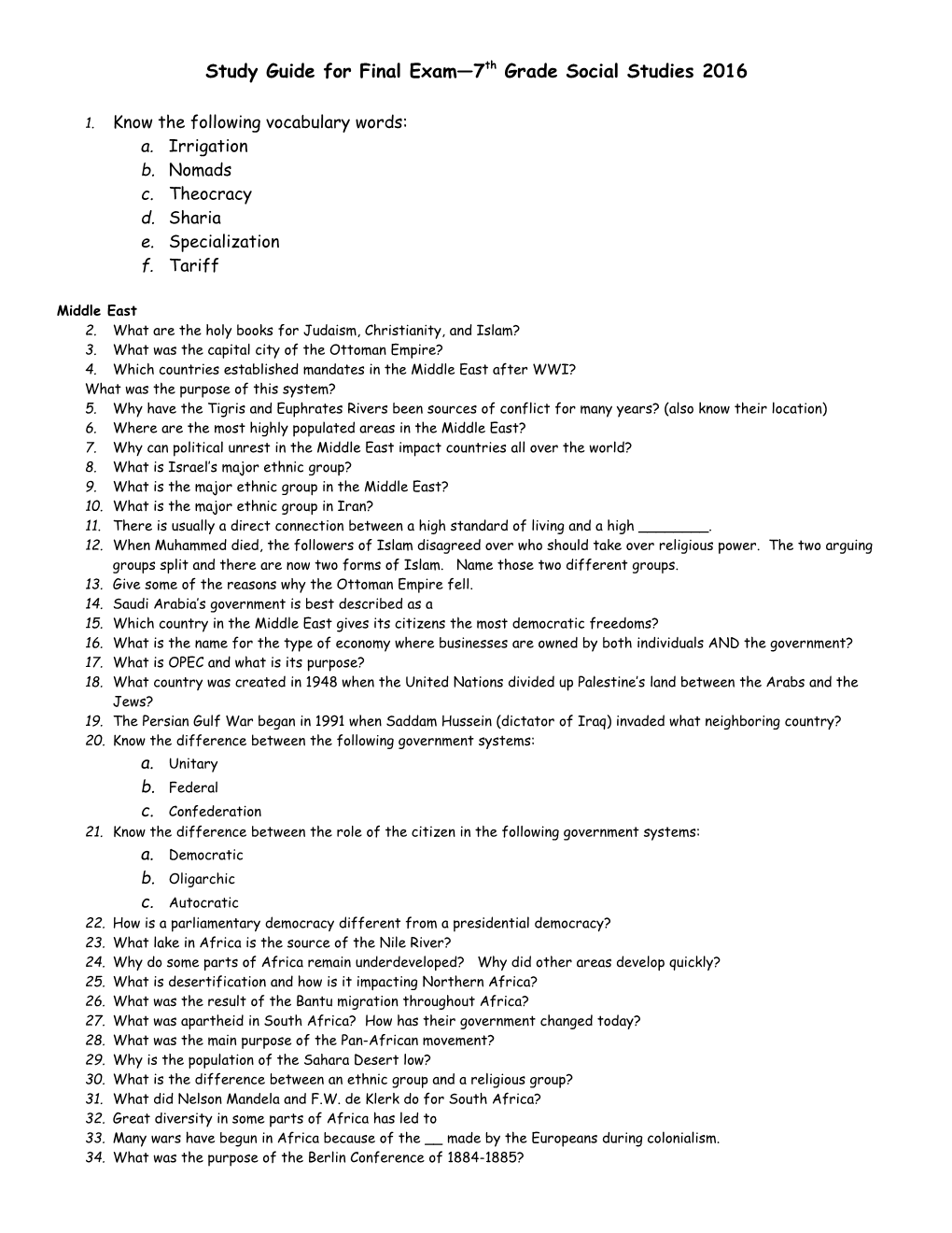 Study Guide for Final Exam 7Th Grade Social Studies 2009