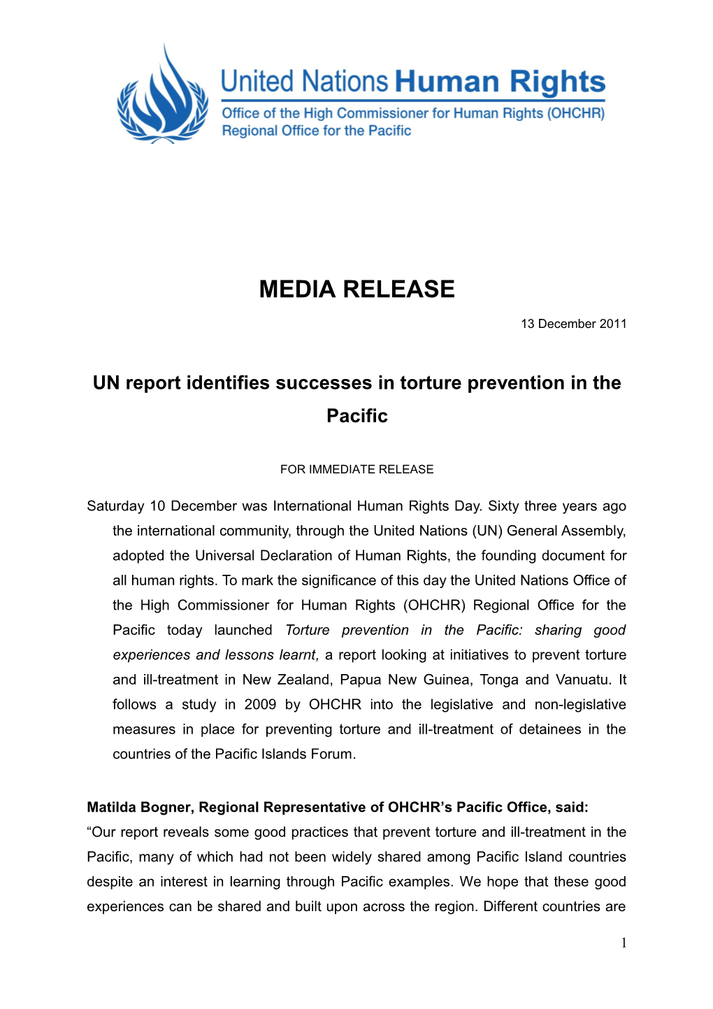 UN Report Identifiessuccessesintorture Preventionin the Pacific