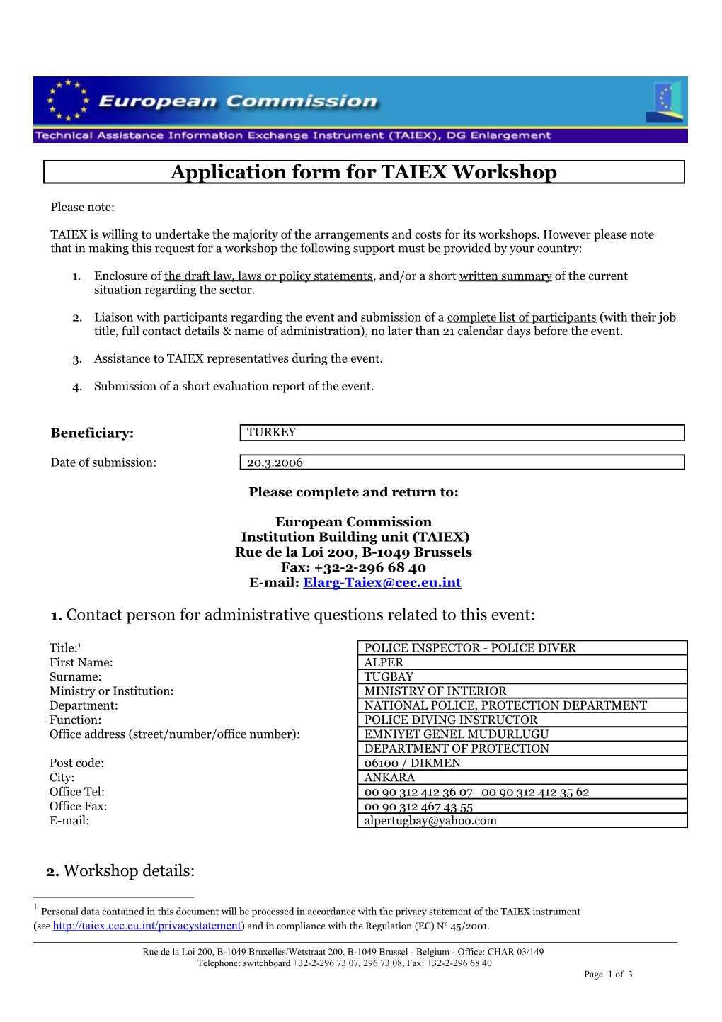 Application Form for TAIEX Workshop