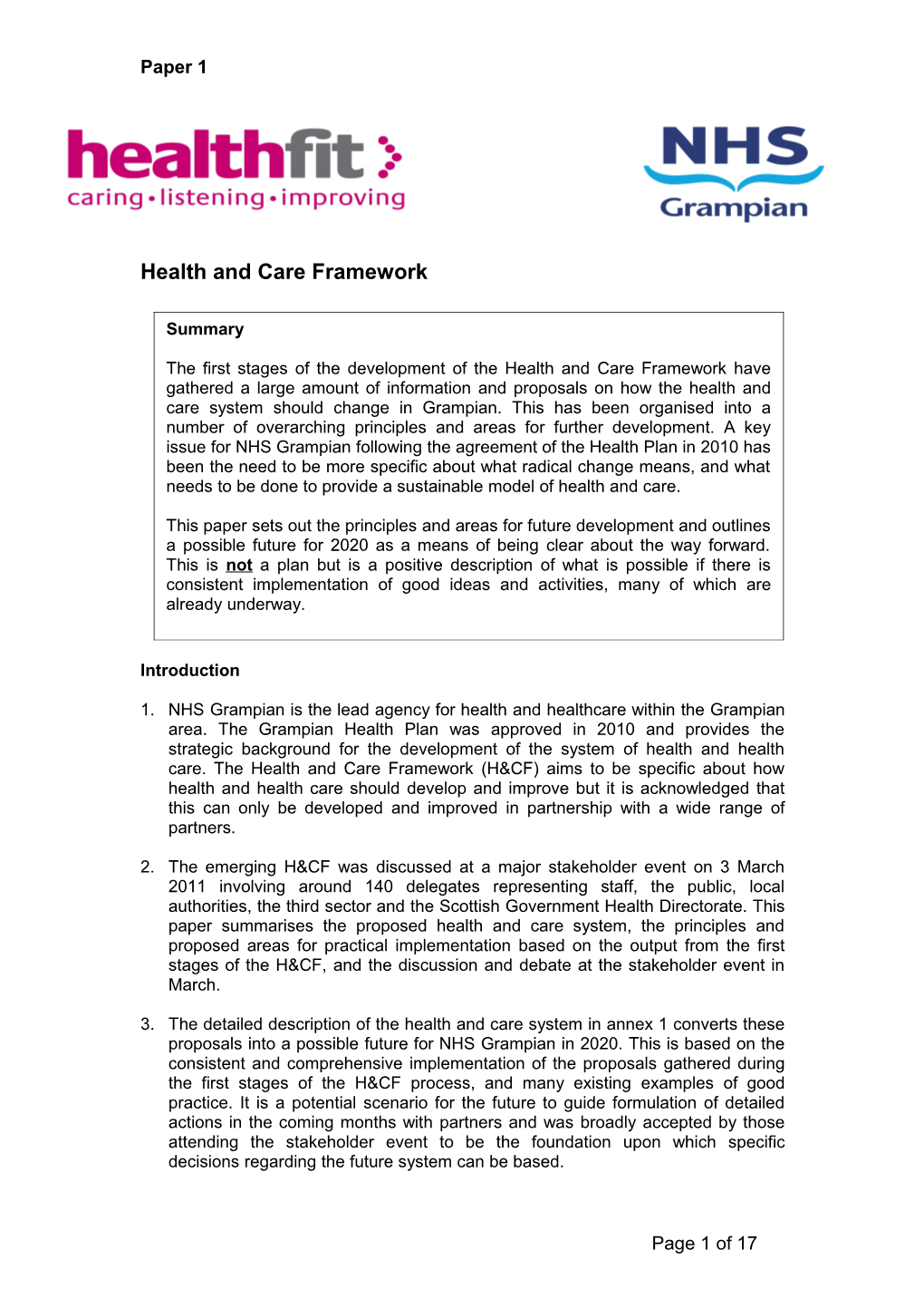 Item 5 for 5 April 2011 Health and Care Framework Paper 1