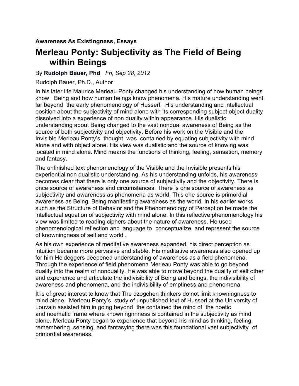 Merleauponty: Subjectivity As the Field of Being Within Beings