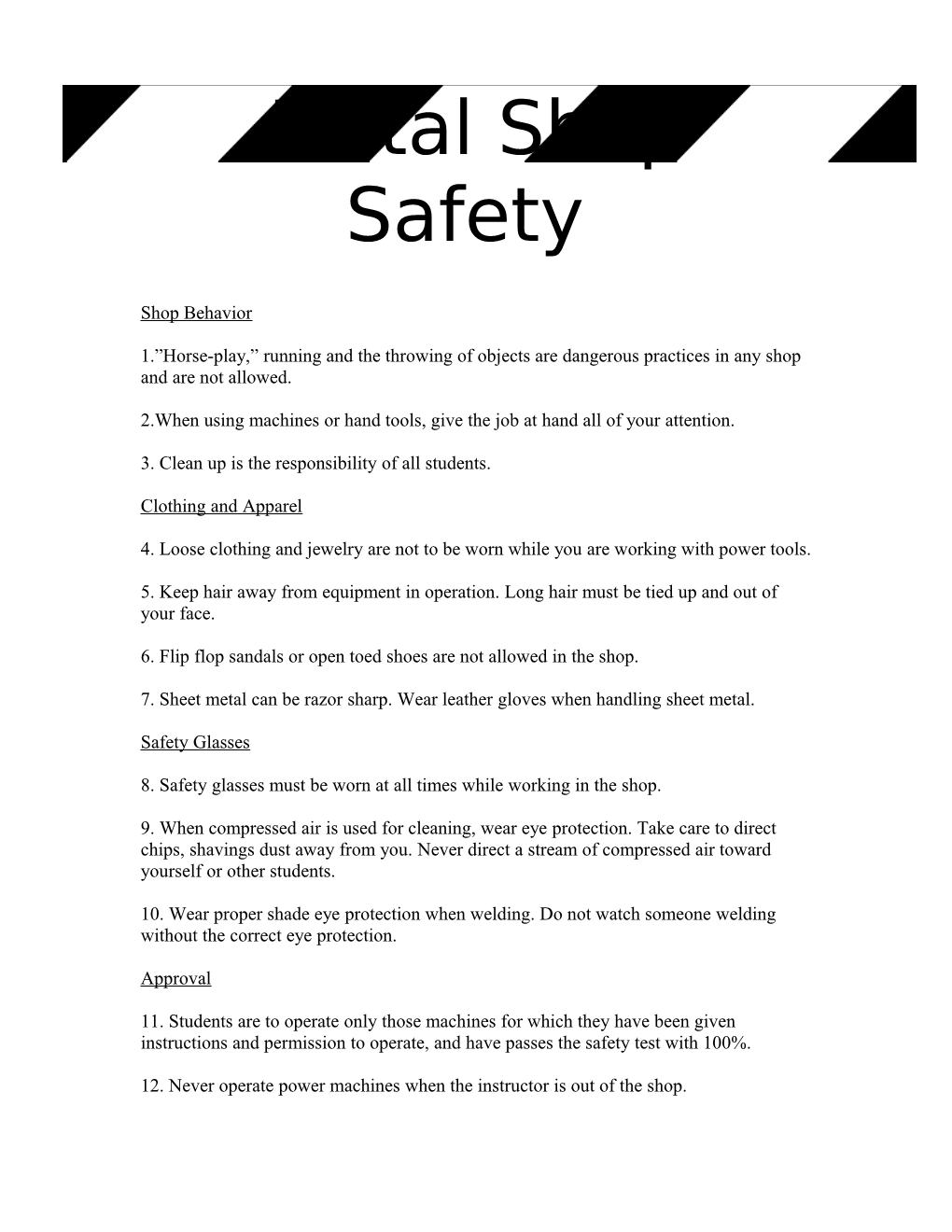 Metal Shop Safety Regulations