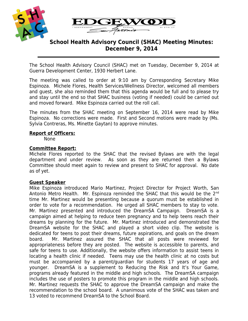 School Health Advisory Council (SHAC) Meeting Minutes: December 9, 2014