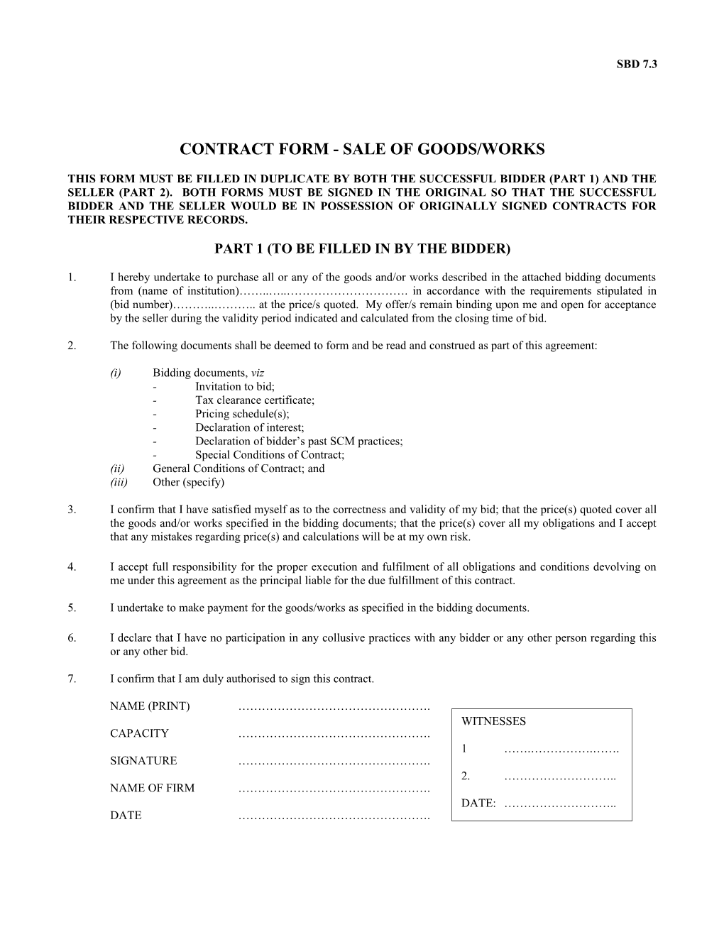 Contract Form - Sale of Goods/Works