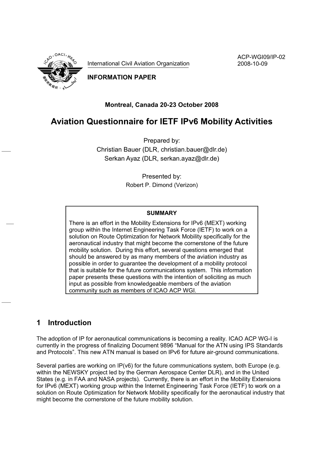 Aviation Questionnaire for IETF Ipv6 Mobility Activities