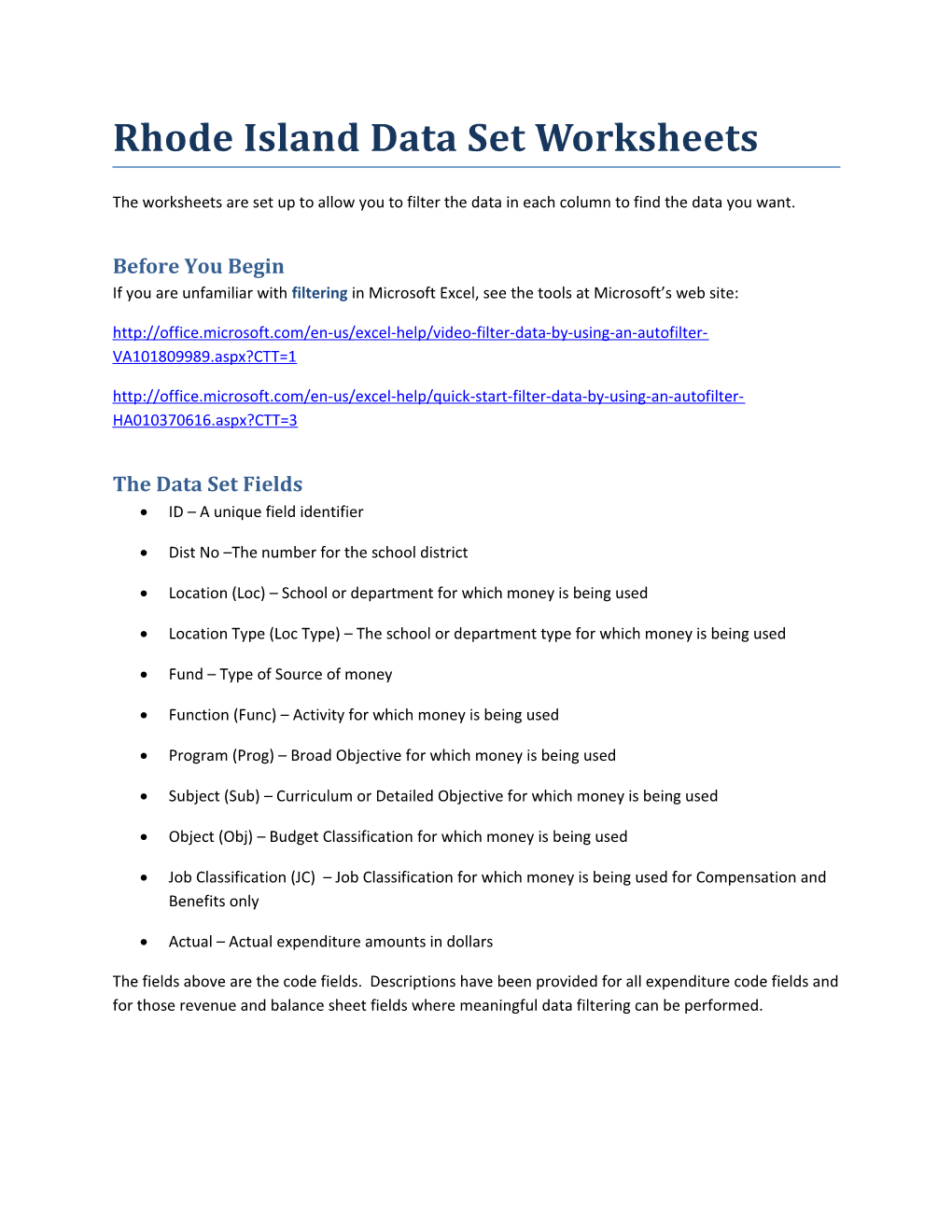 Rhode Island Data Set Worksheets