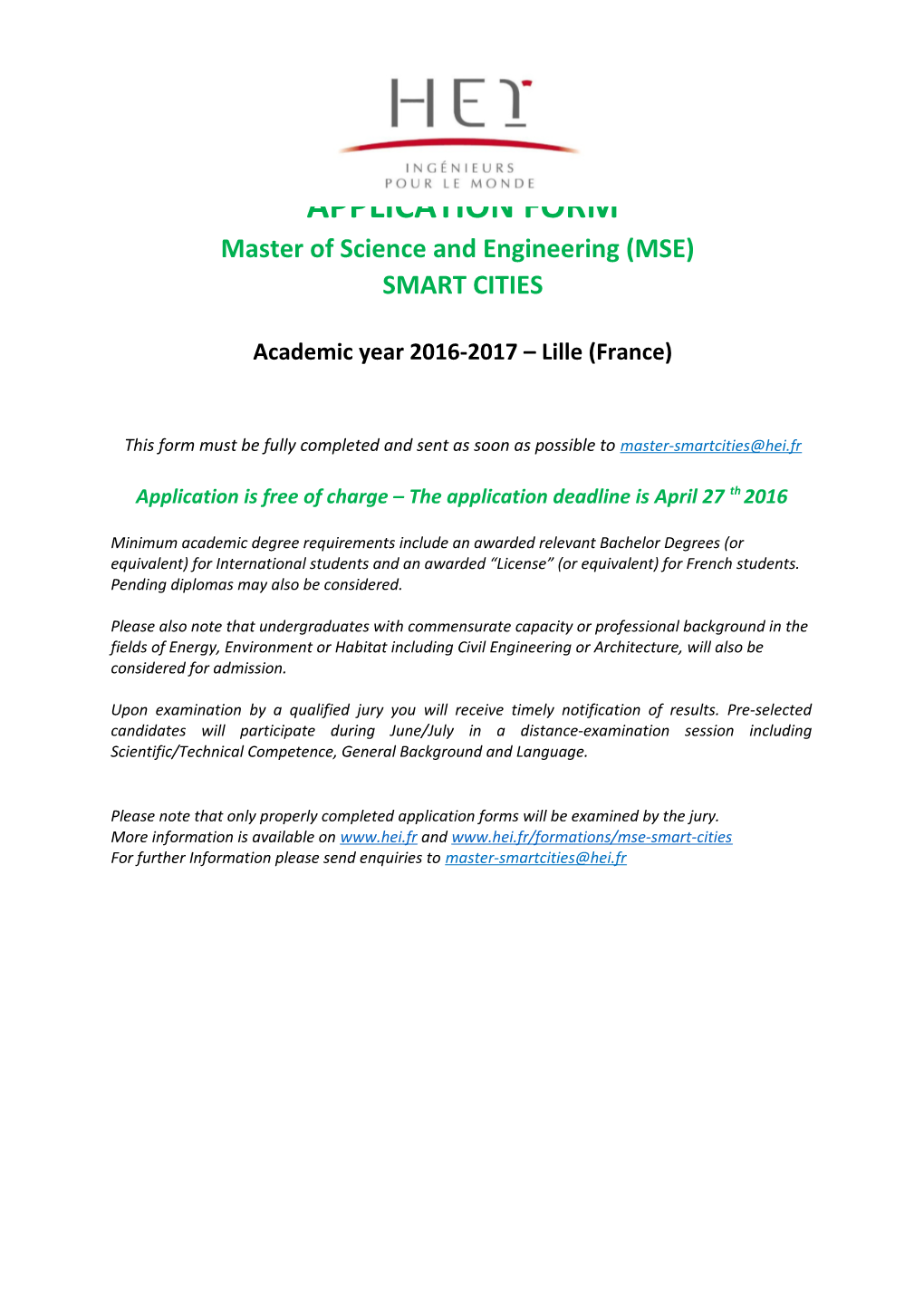 Master of Science and Engineering SMART CITIES - APPLICATION FORM - SECTION 1/3