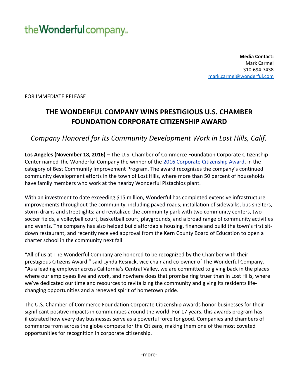 The Wonderful Company Wins Prestigious U.S. Chamber Foundation Corporate Citizenship Award