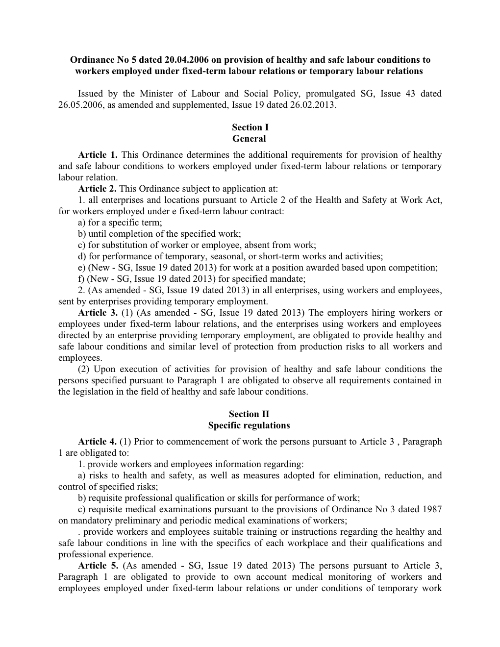 Ordinance No 5 Dated 20.04.2006 on Provision Ofhealthy and Safe Labour Conditionsto