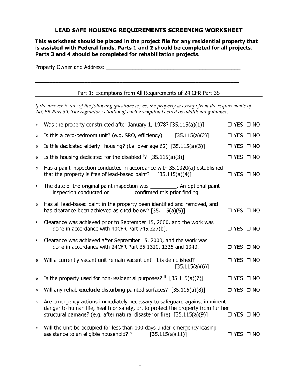 Lead Safe Housing Requirements Screening Worksheet