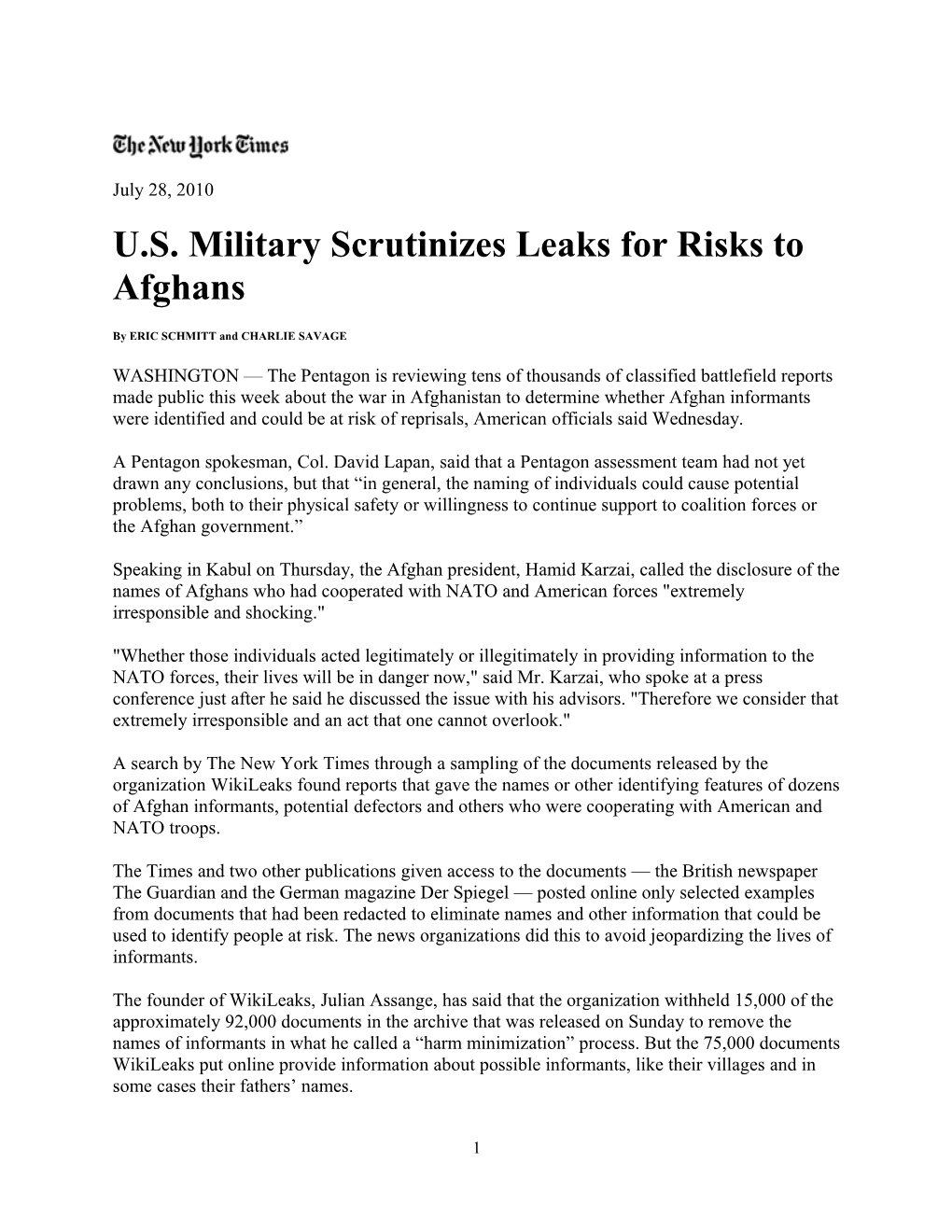U.S. Military Scrutinizes Leaks for Risks to Afghans