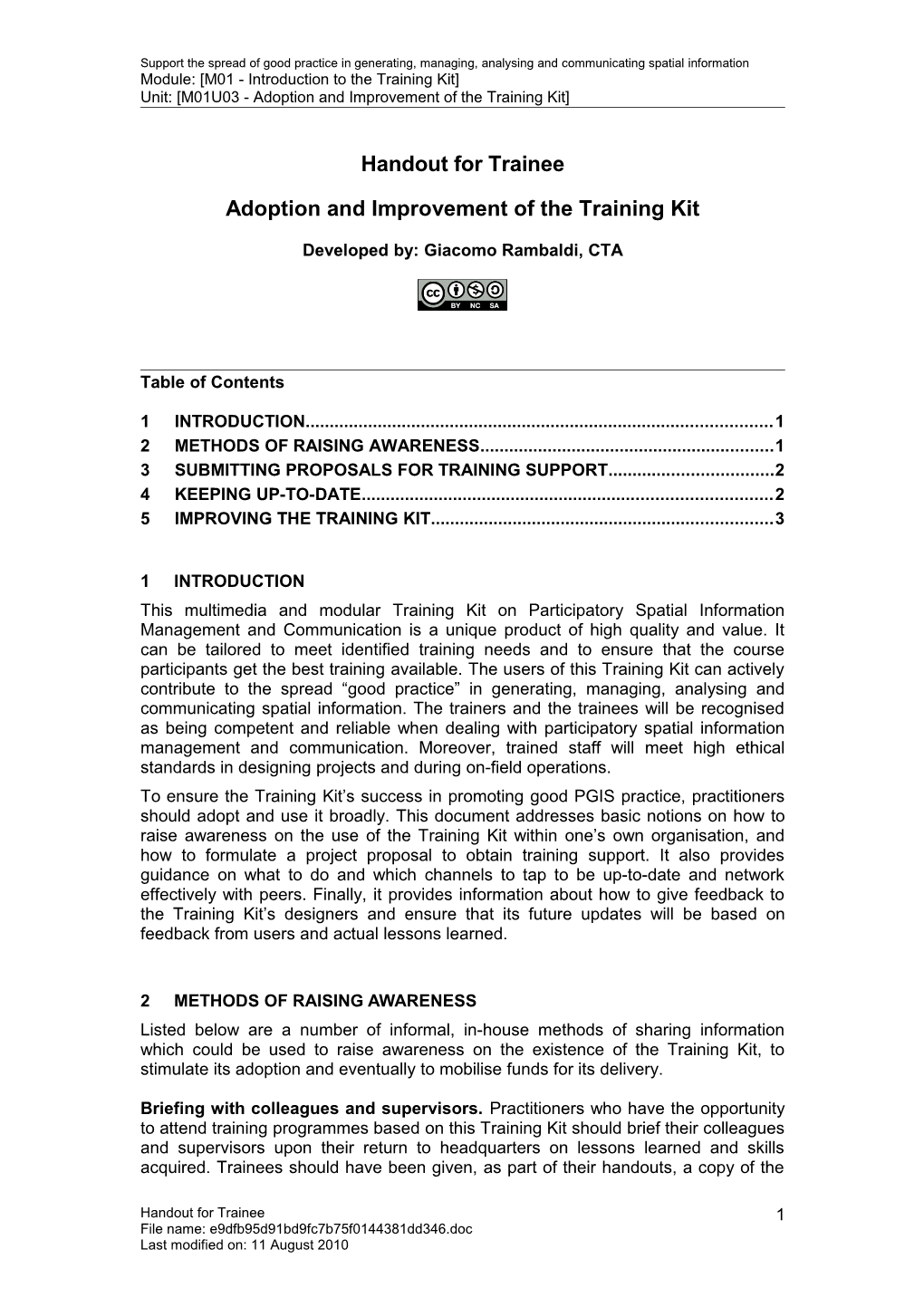 Handout for Trainee - Adoption and Improvement of the Training Kit