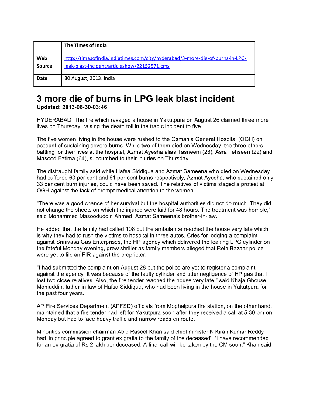 3 More Die of Burns in LPG Leak Blast Incident